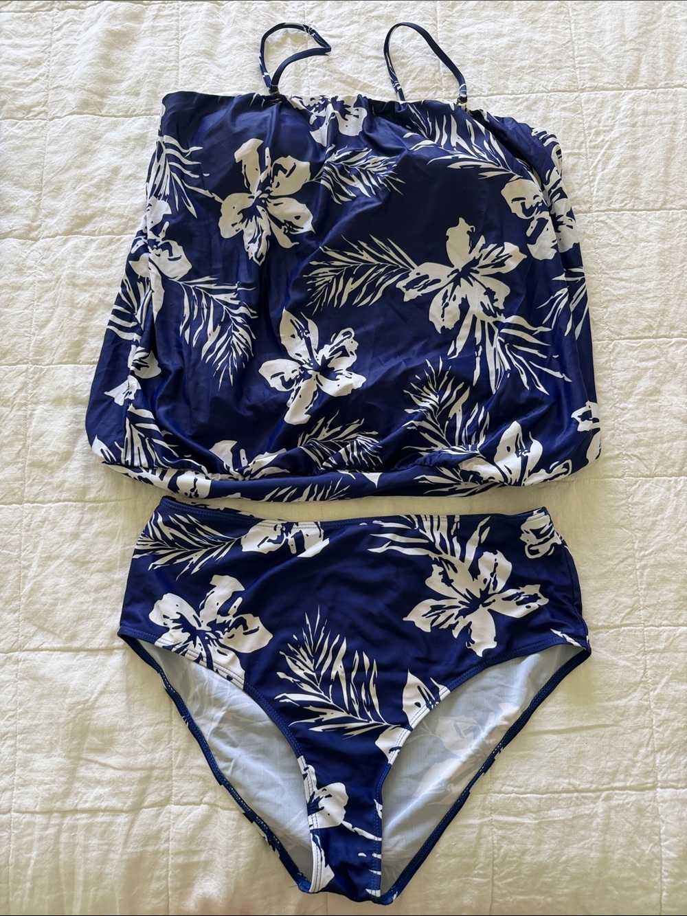 Navy & White Floral Spaghetti Strap Tank Top Suit